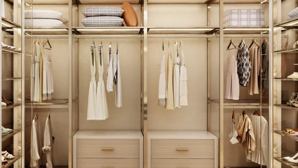 Organized and sleek wardrobe solutions to maximize space and utility in bedrooms.